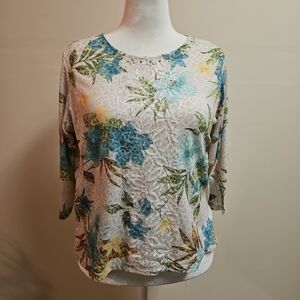 Alfred Dunner Long Sleeve Tropical Floral Blouse With Beads And Embroidery Sz PL